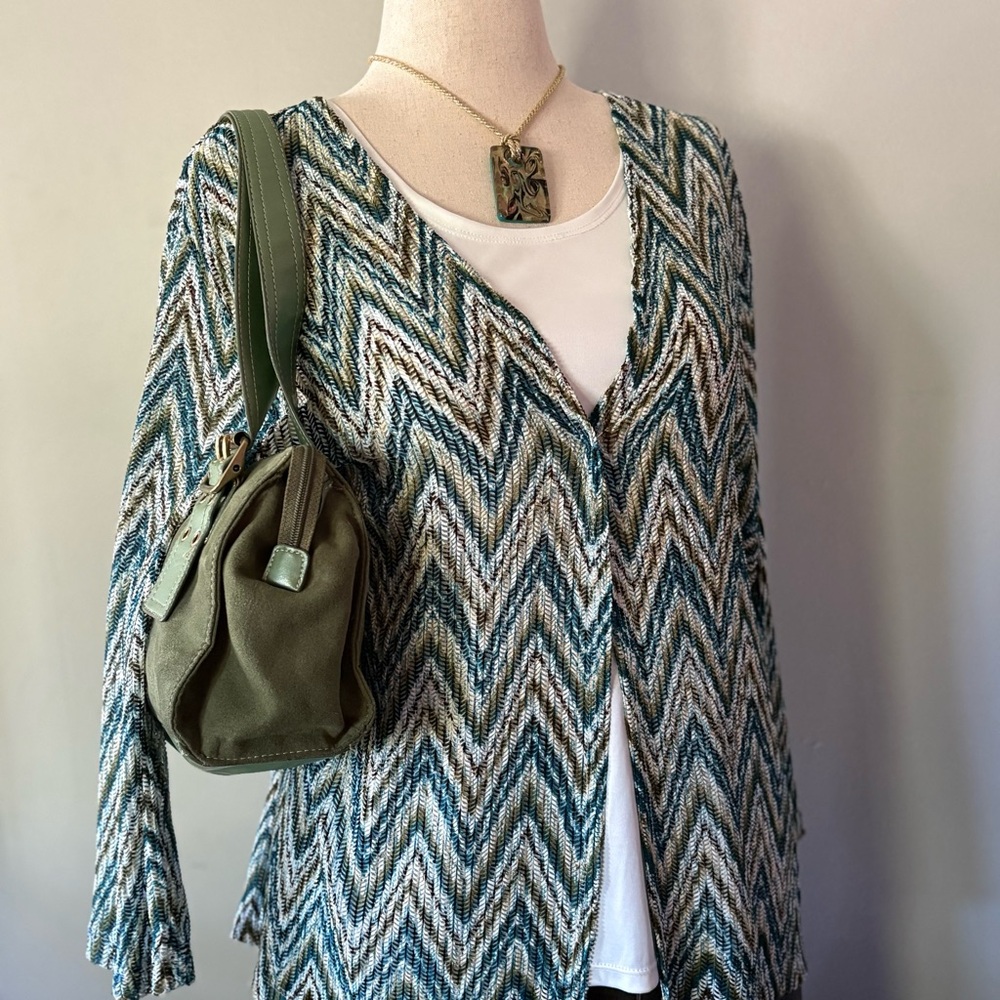 Green and blue zig zag striped cardigan with detachable cream tank top